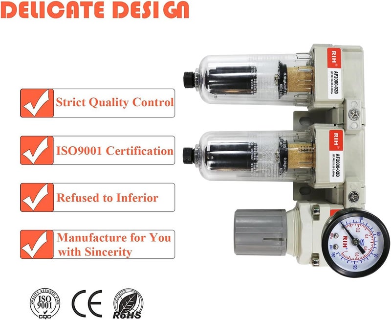 RIH Store Pneumatics 1/4'' NPT Auto Drain Compressed Air Double Filter & Regulator, Air Compressor Water Separator, Auto Drain, Poly Bowl,0-150 psi Gauge, 5 Micron Brass Element AC2110-02D(1/4 NPT) - Image 4